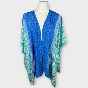 Susan Graver Patchwork Kimono Topper Blouse Large Blue Green Pockets